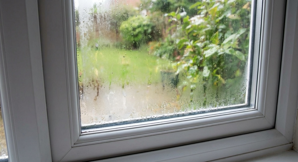 Condensation trapped between the panes of a foggy double-pane window, with a garden visible but blurred through the glass