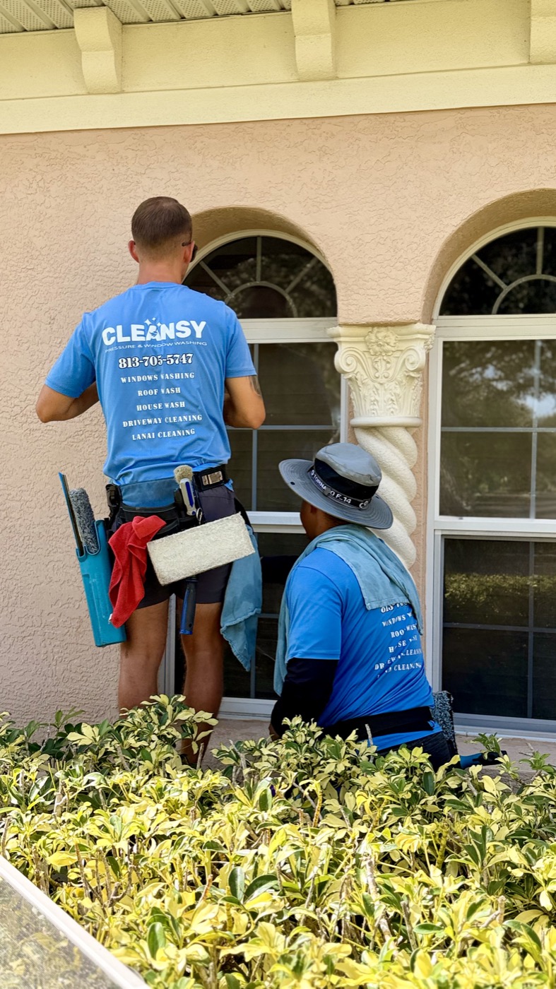 Two Cleansy crew members in branded blue shirts cleaning the arched windows of a stucco home