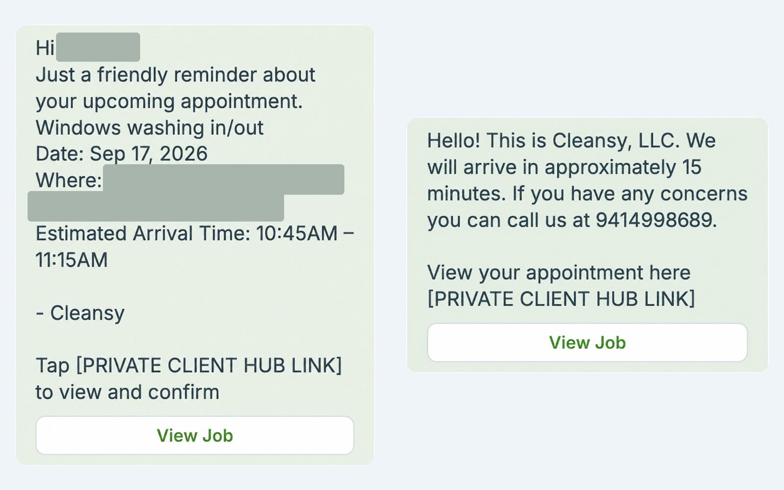 Two Cleansy text messages: an appointment reminder with a 30-minute arrival window, and an on-the-way message saying the crew will arrive in about 15 minutes