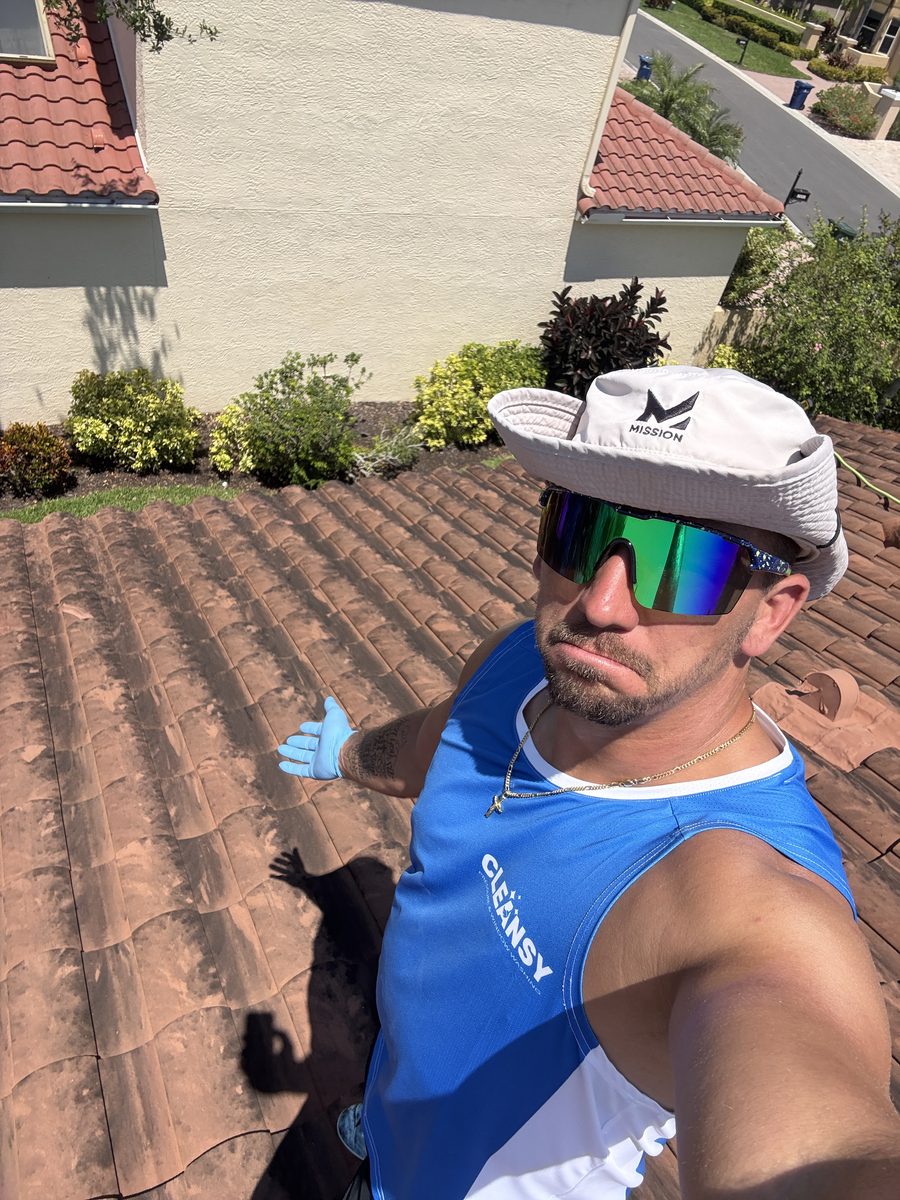 Cleansy technician giving an unimpressed reaction while standing on an algae-covered tile roof