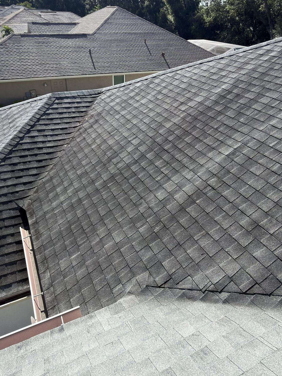 Asphalt shingle roof covered in dark algae streaking before cleaning