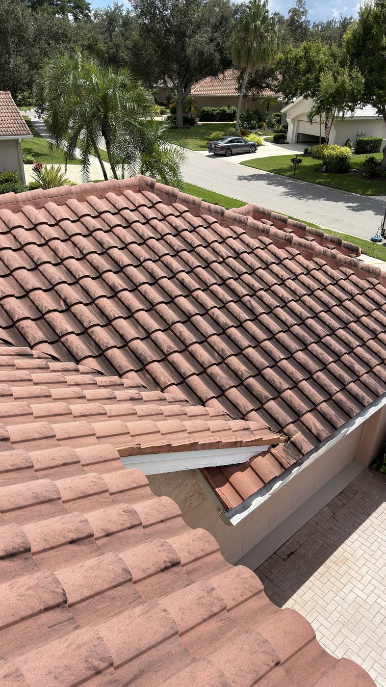 Tile roof at a Venice Country Club home before soft washing, with algae staining along the ridge
