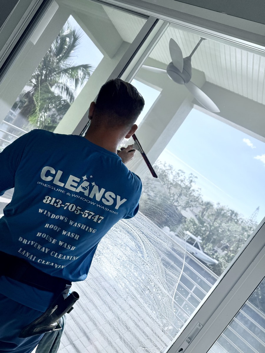 Cleansy technician squeegeeing an interior window with a waterfront view