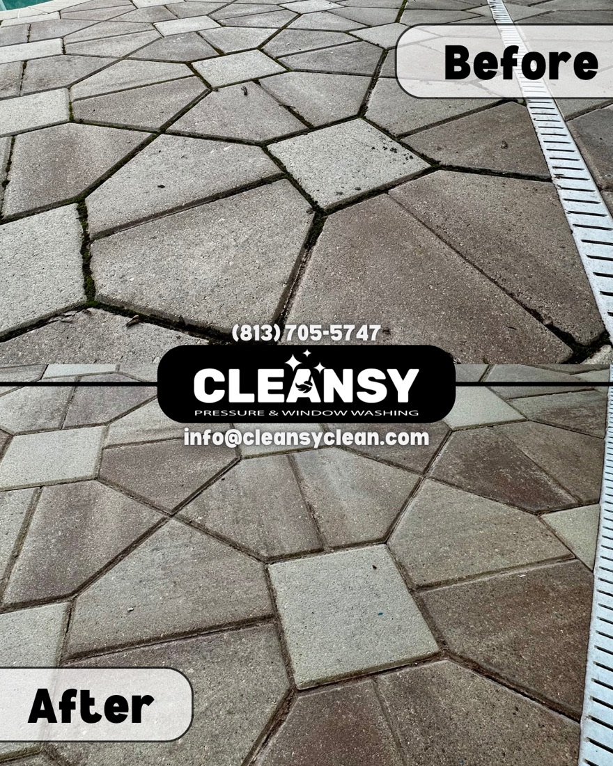Before and after Larry Holub Pool Deck — Cleansy Pressure & Window Washing