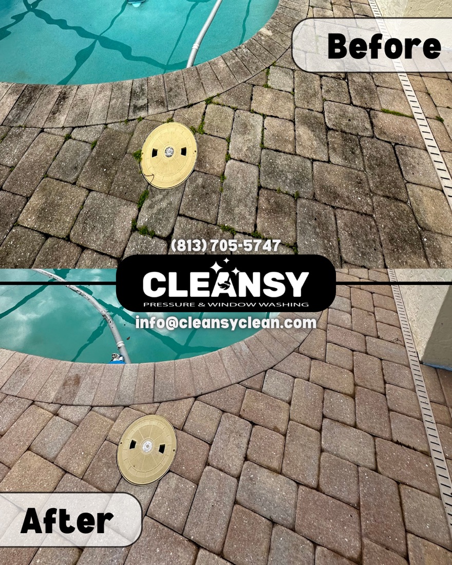 Before and after Larry Richard Pool Deck1 — Cleansy Pressure & Window Washing