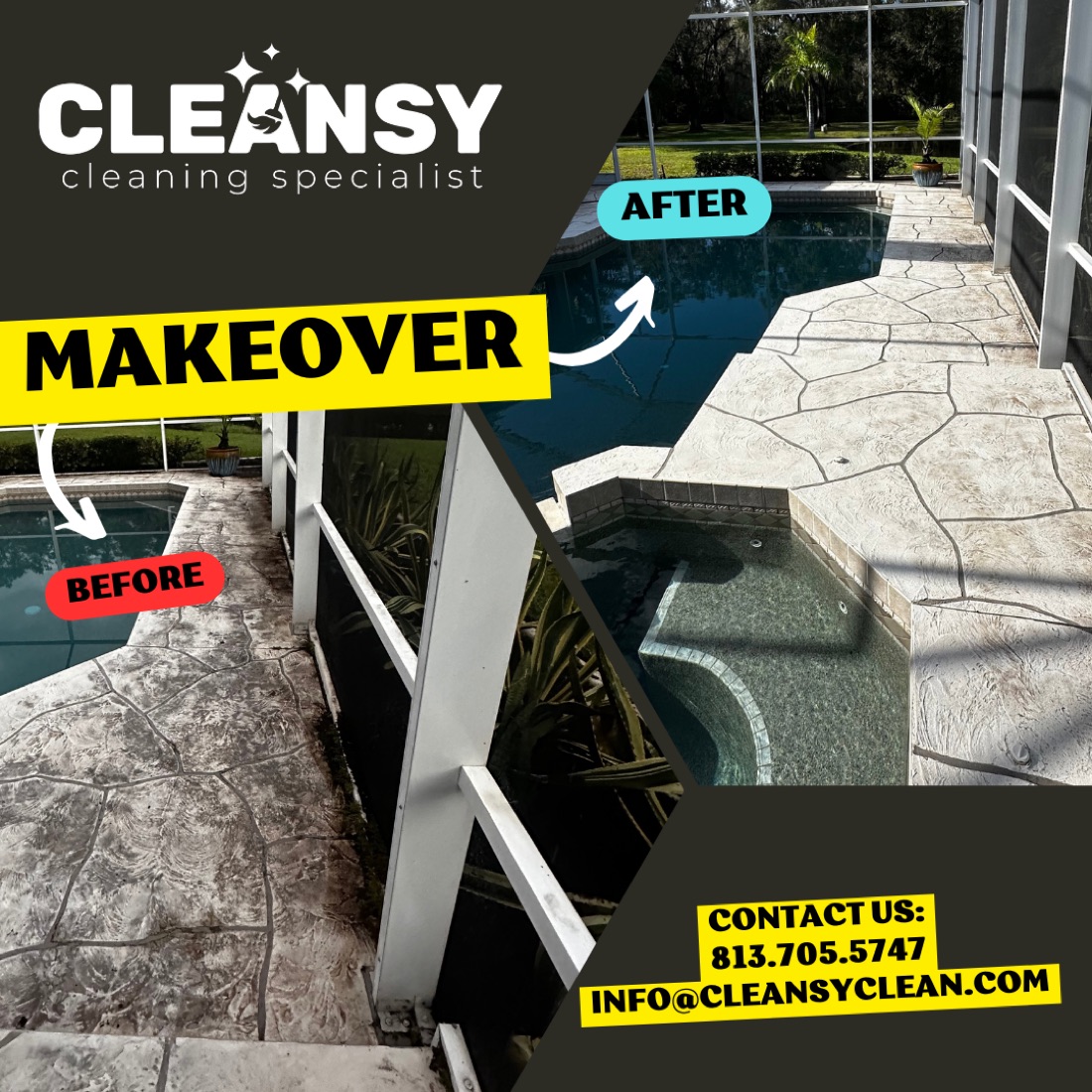 Before and after Donner pool deck — Cleansy Pressure & Window Washing