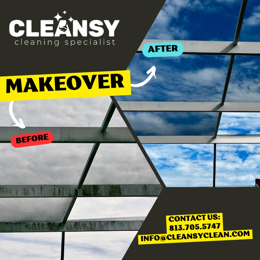 Before and after Haas Pool Cage — Cleansy Pressure & Window Washing