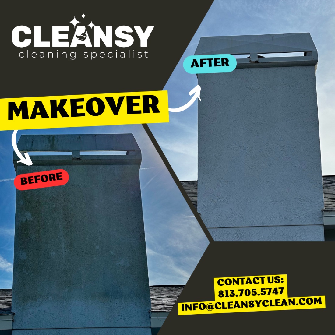 Before and after Wilderness Chimney — Cleansy Pressure & Window Washing