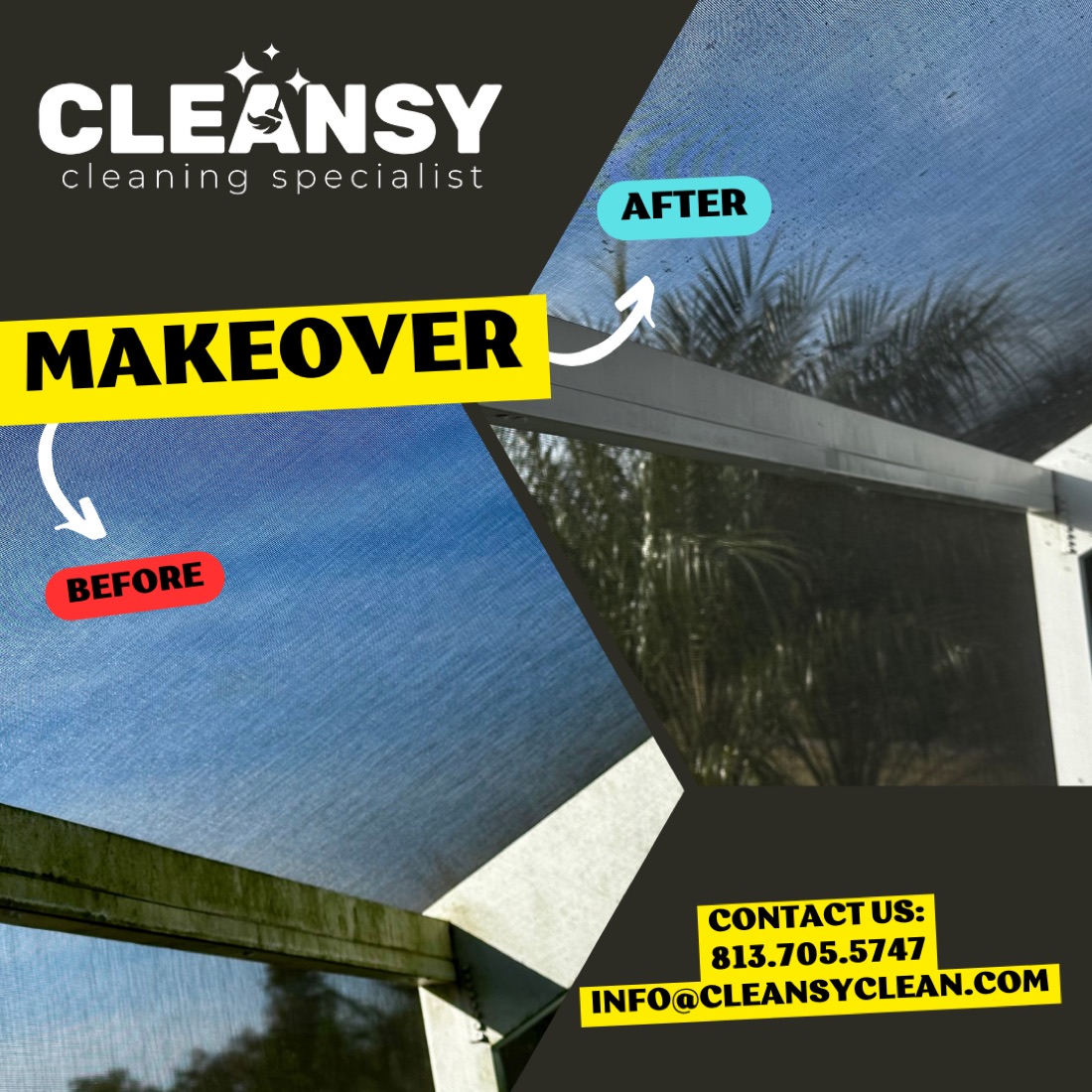 Before and after Wilderness Pool Cage — Cleansy Pressure & Window Washing