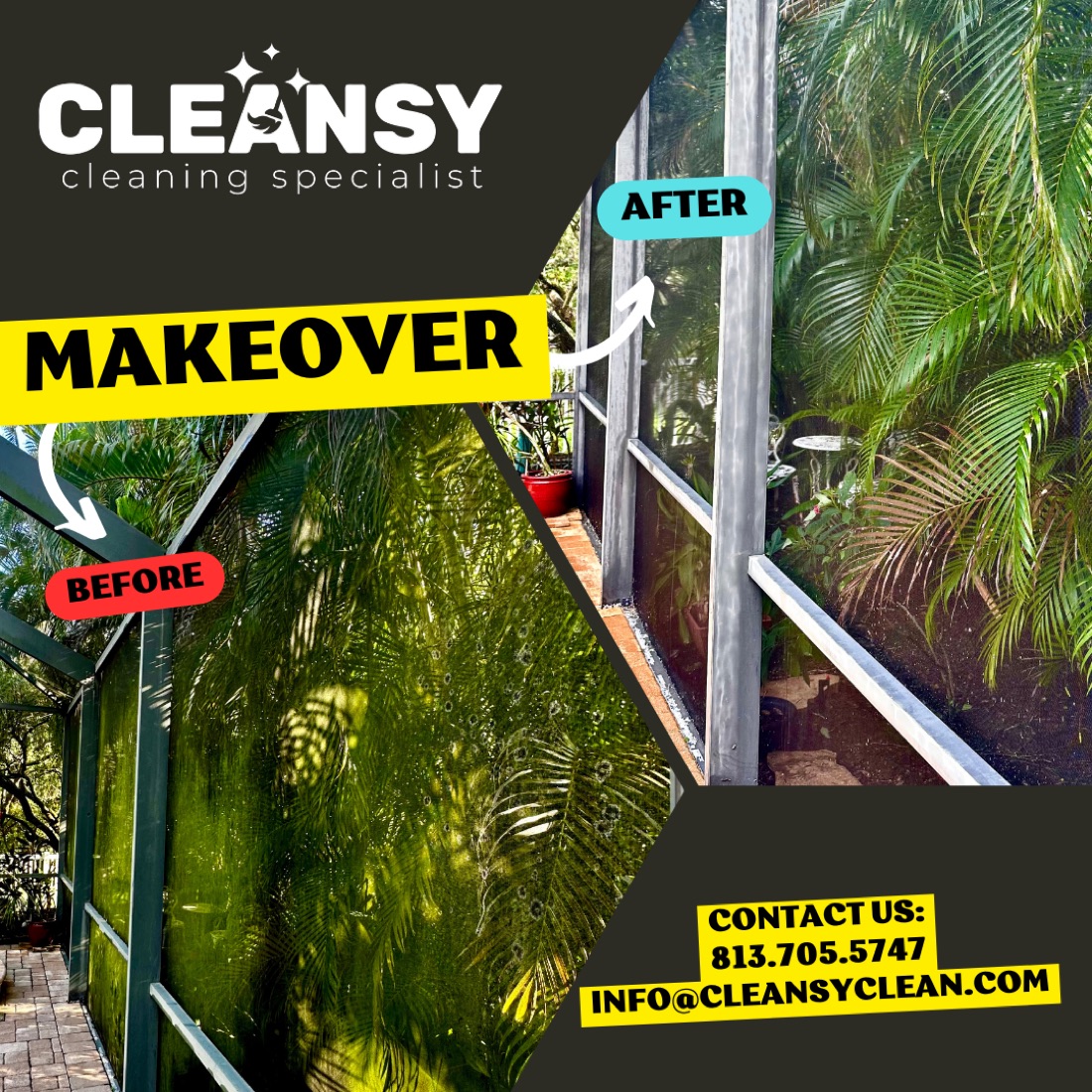Before and after pool cage Doug — Cleansy Pressure & Window Washing