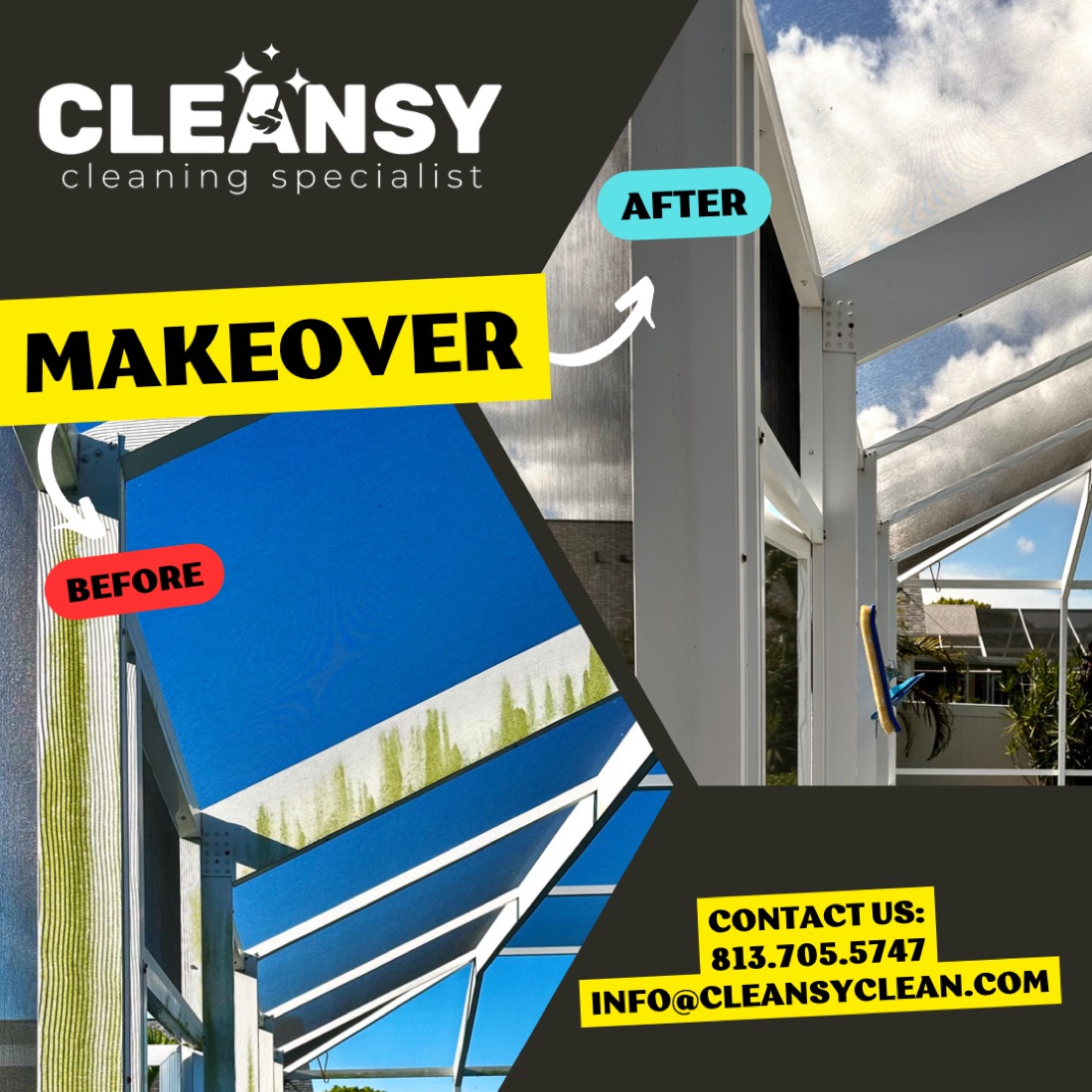 Before and after Pool cage — Cleansy Pressure & Window Washing