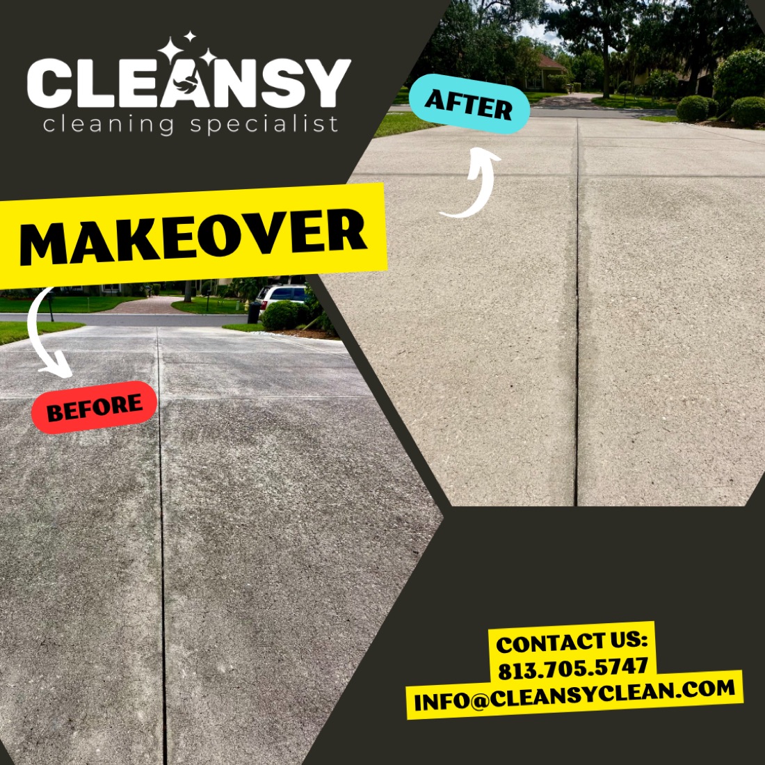 Before and after driveway cleaning — Cleansy Pressure & Window Washing