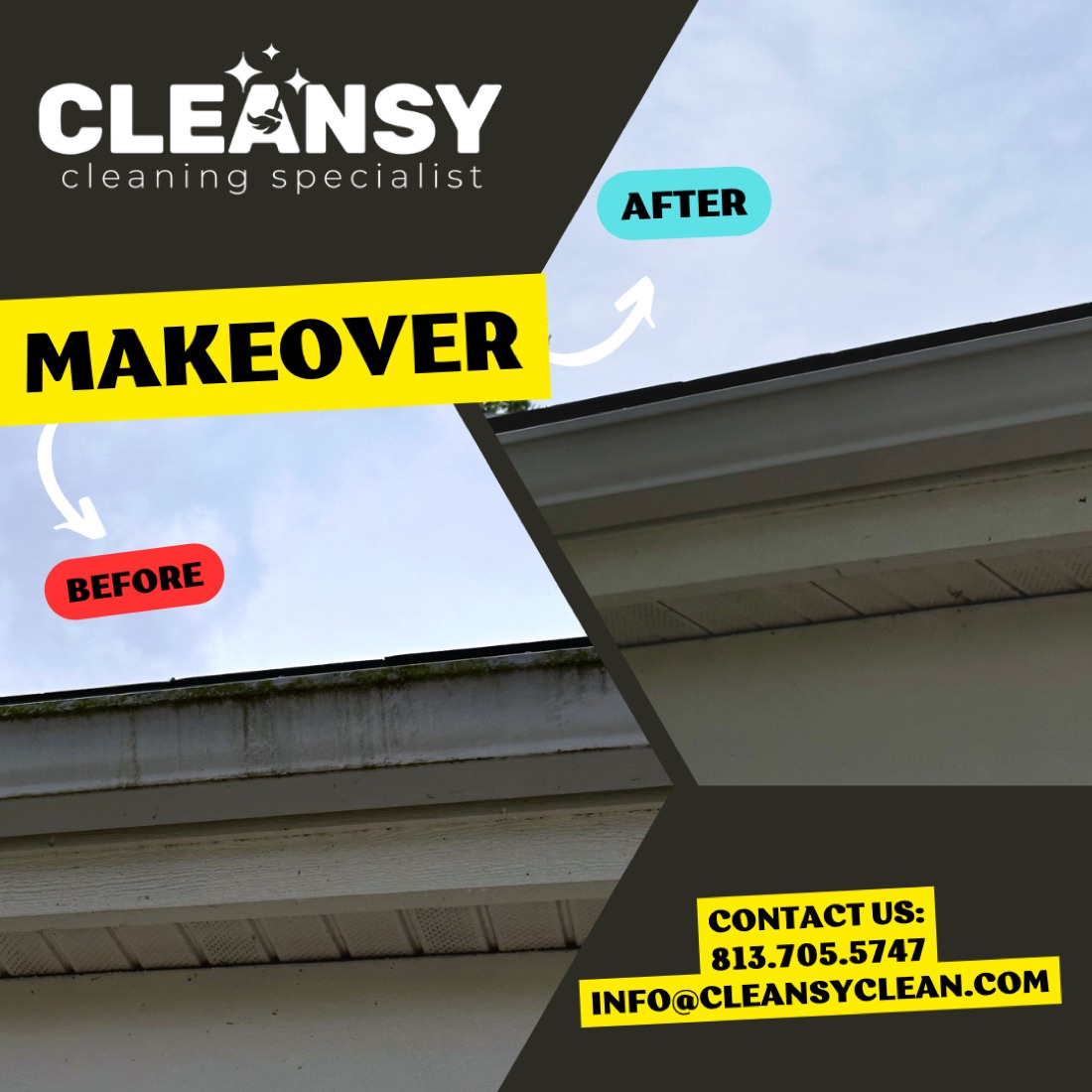 Before and after gutter brightening — Cleansy Pressure & Window Washing