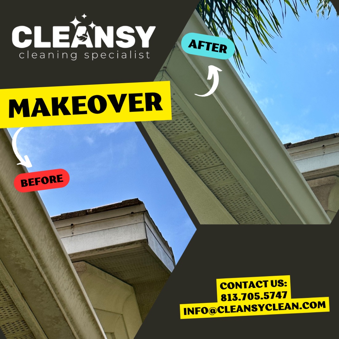 Before and after gutter cleaning — Cleansy Pressure & Window Washing
