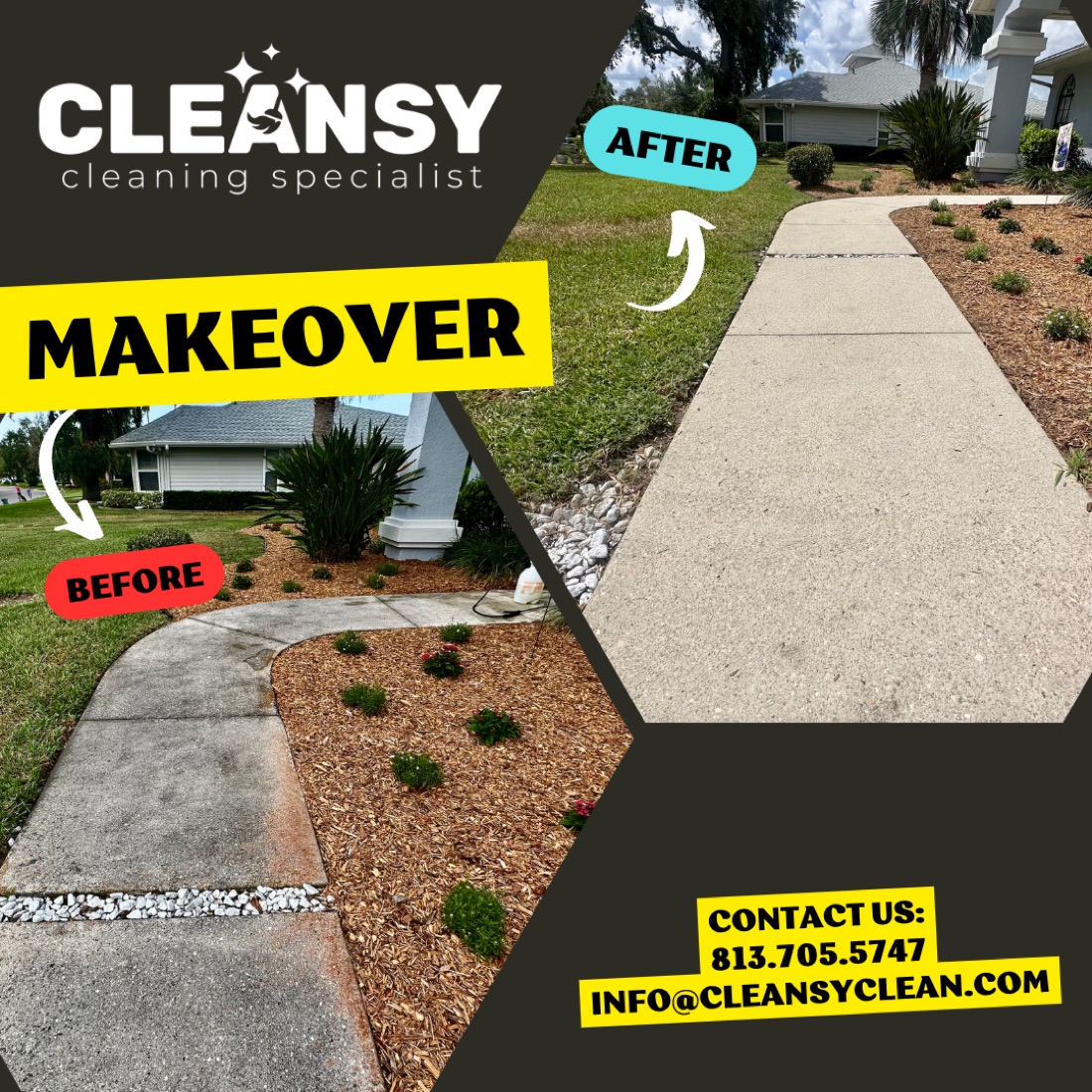 Before and after sidewalk cleaning — Cleansy Pressure & Window Washing