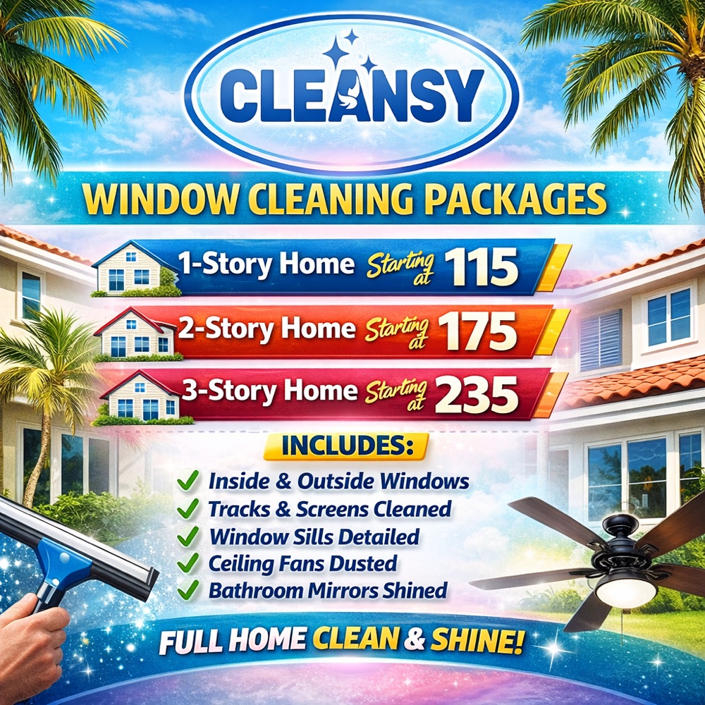 Cleansy window cleaning packages: 1-story homes starting at $115, 2-story starting at $175, 3-story starting at $235. Includes inside and outside windows, tracks and screens cleaned, window sills detailed, ceiling fans dusted, and bathroom mirrors shined.