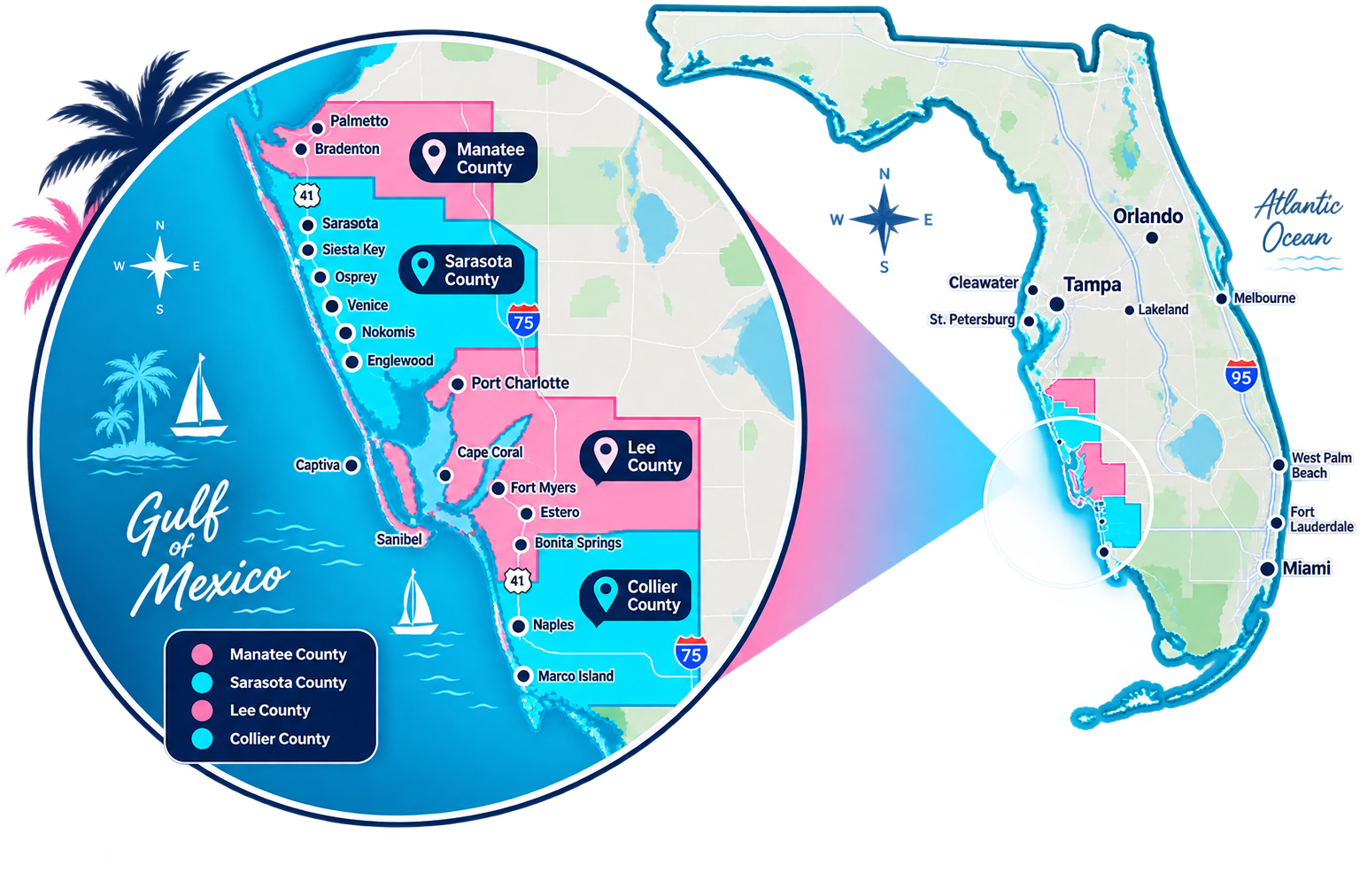 Map of Cleansy's Florida service areas: Manatee County (Palmetto, Bradenton), Sarasota County (Sarasota, Siesta Key, Osprey, Venice, Nokomis, Englewood), Lee County (Cape Coral, Fort Myers, Estero, Bonita Springs), and Collier County (Naples, Marco Island)