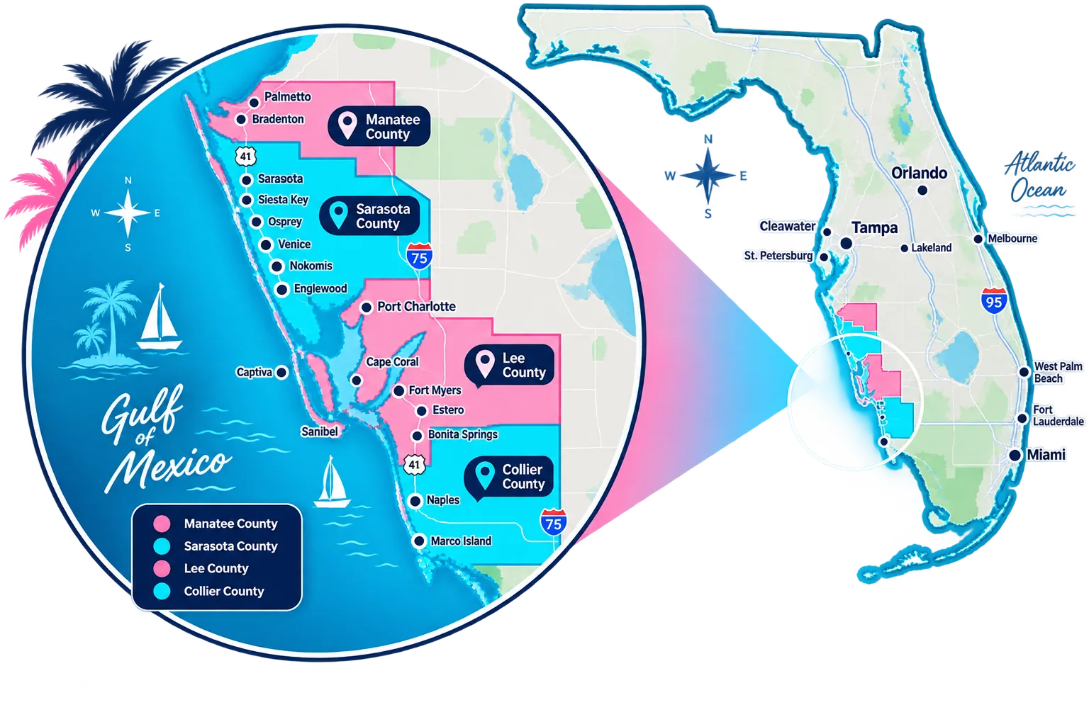 Map of Cleansy's Florida service areas: Manatee County (Palmetto, Bradenton), Sarasota County (Sarasota, Siesta Key, Osprey, Venice, Nokomis, Englewood), Lee County (Cape Coral, Fort Myers, Estero, Bonita Springs), and Collier County (Naples, Marco Island)