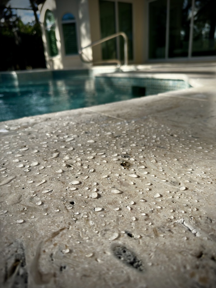Freshly sealed pool deck pavers beading water next to a pool